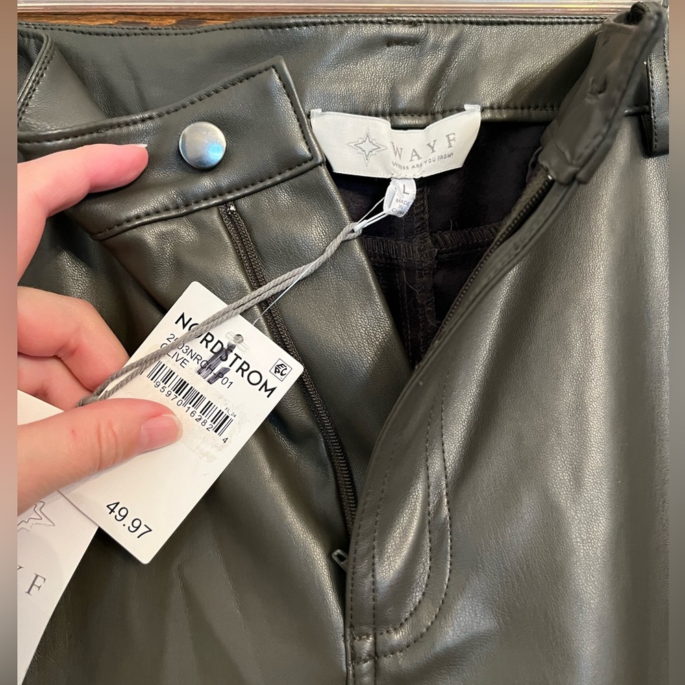 NWT WAYF Olive Faux Leather Wide Leg Trouser Pants, Large - Picture 3 of 9